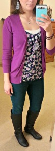 purple cardigan, floral shirt, skinnies, black boots